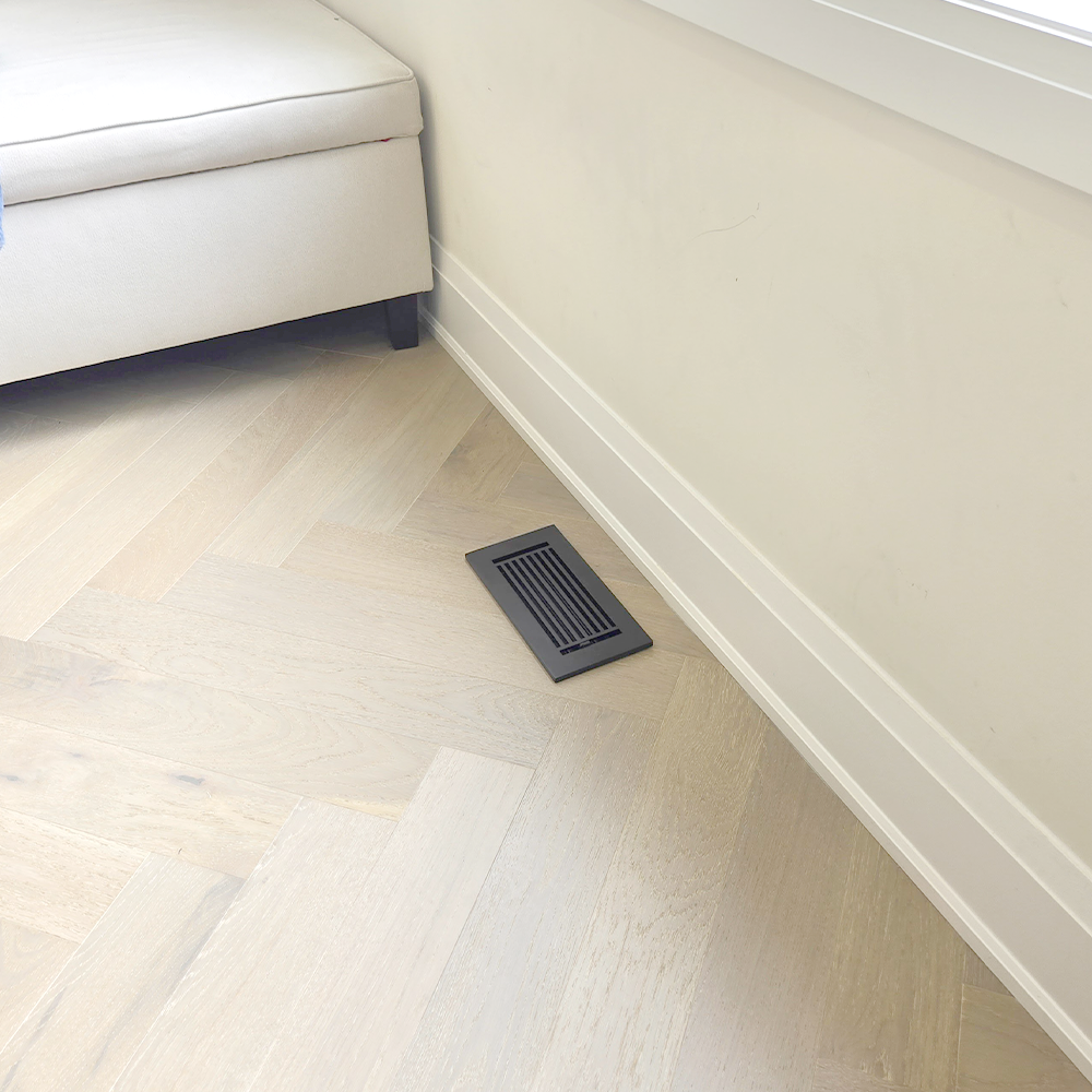 4" x 10" Floor Register with Damper, Cast Aluminum, Modern Linear Design Register VR109, Black Powder Coated Decorative HVAC Register, 6" x 12" Faceplate