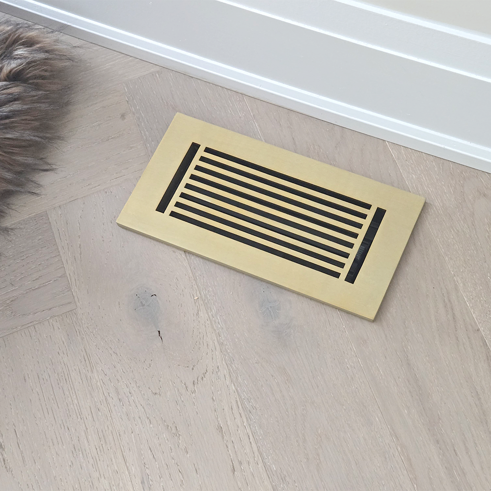 Floor Vent Cover / Register Size: 4” x 10” with Damper top faceplate outer size 6″ x 12”, thickness 5 mm, high-quality metal – cast aluminum brushed gold powder coated Re-paintable for floors, walls, and ceilings – Modern Linear Design (VR 109)
