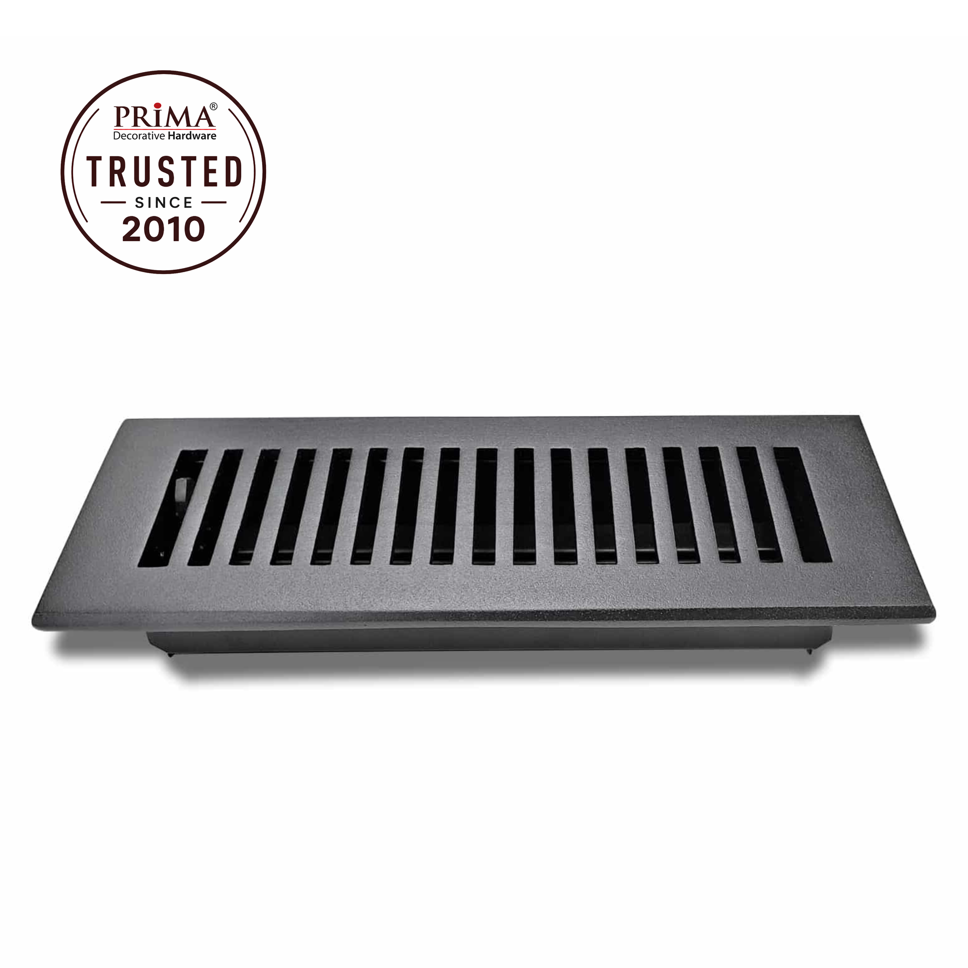 Black floor register with Prima Trusted since 2010 logo on a white background