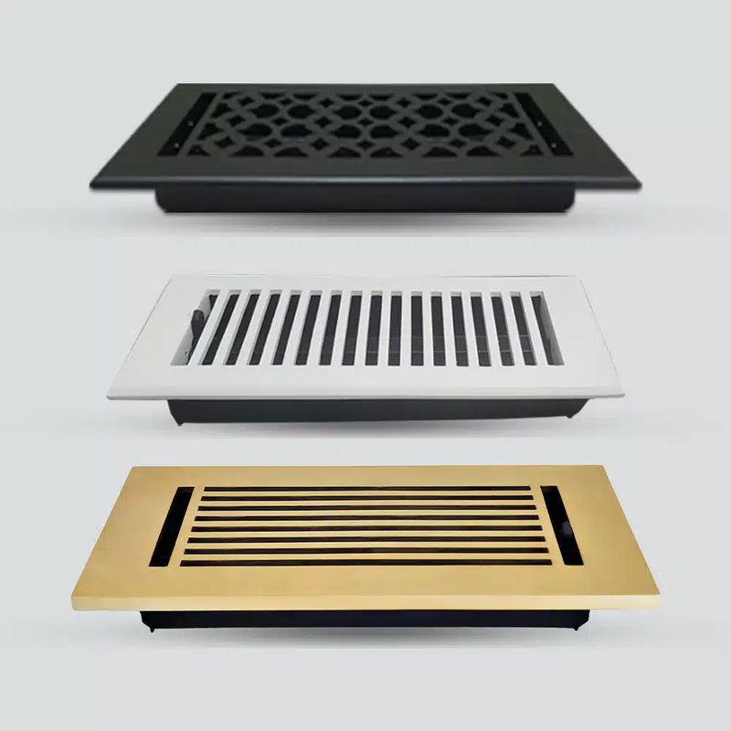 Three rectangular vent covers in black, white, and gold are shown. The black cover has a geometric pattern, the white cover has vertical slats, and the gold cover has horizontal slats. All are displayed against a plain background.
