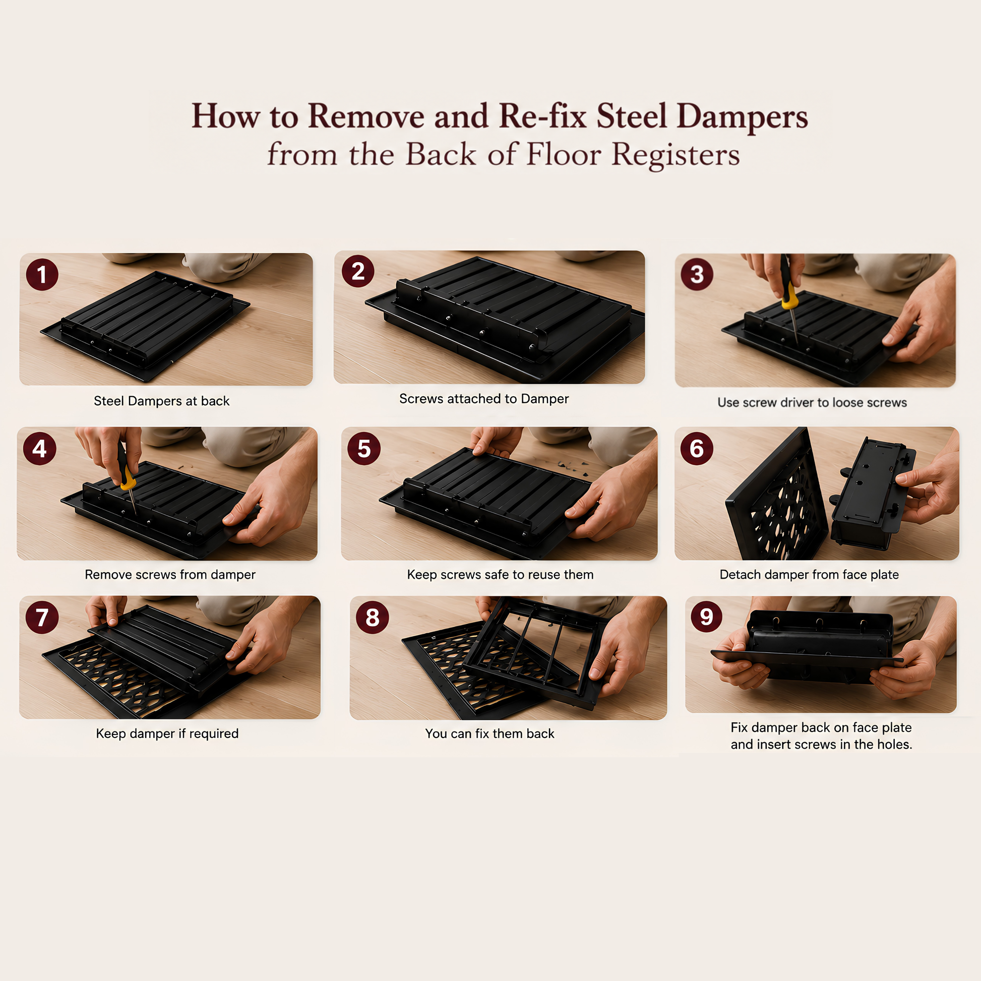 Step-by-step guide on how to remove and re-fix steel dampers from the back of floor registers.
