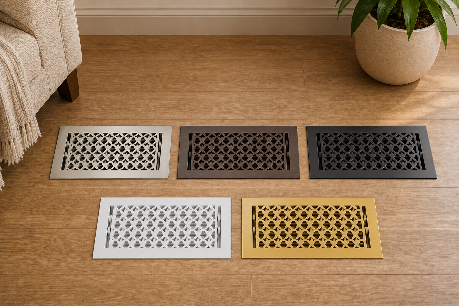 Five Tudor Mushroom Floor Registers Variations VR100 6X18 combined colors.