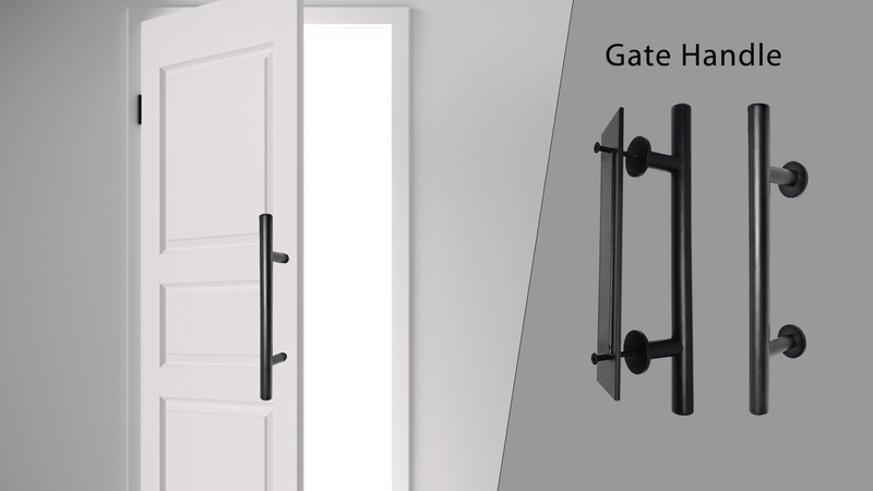 A white door partially open with a black gate handle attached. On the right, three views of the same black handle are shown vertically, with the label Gate Handle above them.
