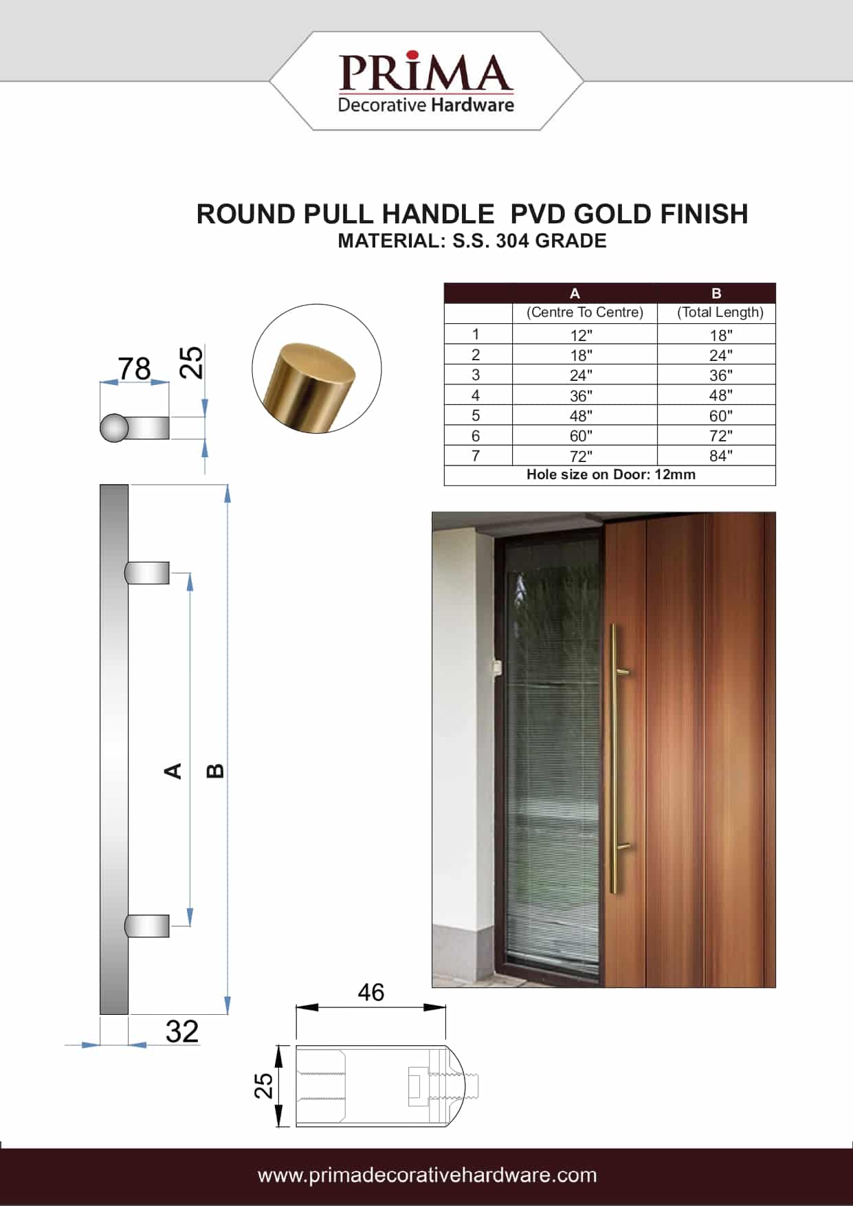 60" Back-to-Back Entry Door Pull / Push Handle - Round ‘H’ Type, Ladder Style Modern Design | Premium 304 Stainless Steel | PVD Gold Finish