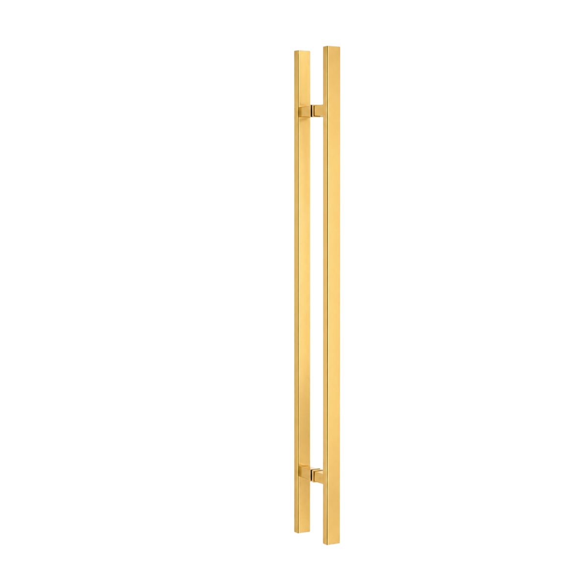 A narrow stainless steel door pull with two vertical bars, shown on a plain white background.
