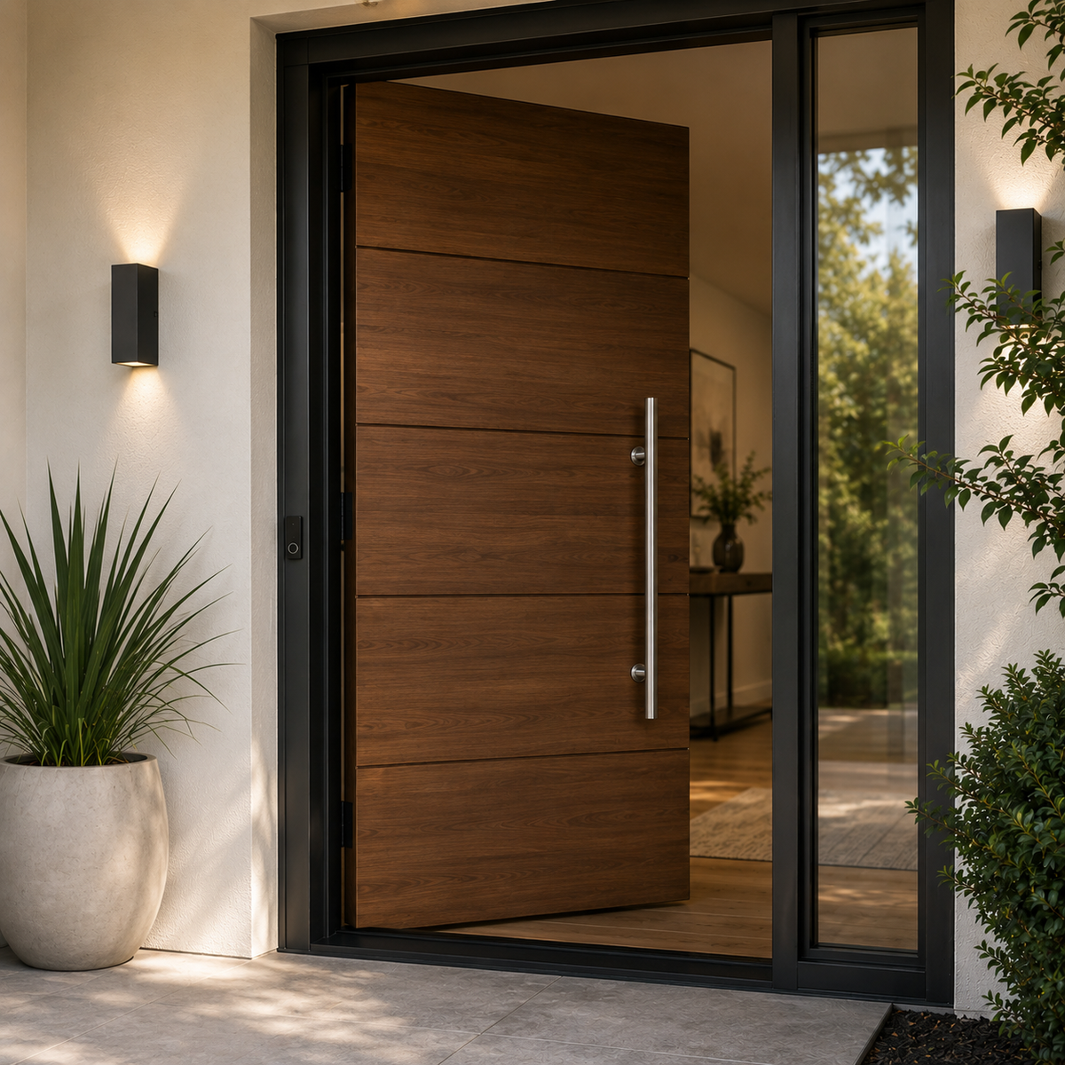 A modern wooden entry door with horizontal paneling and a round long satin nickel handle 