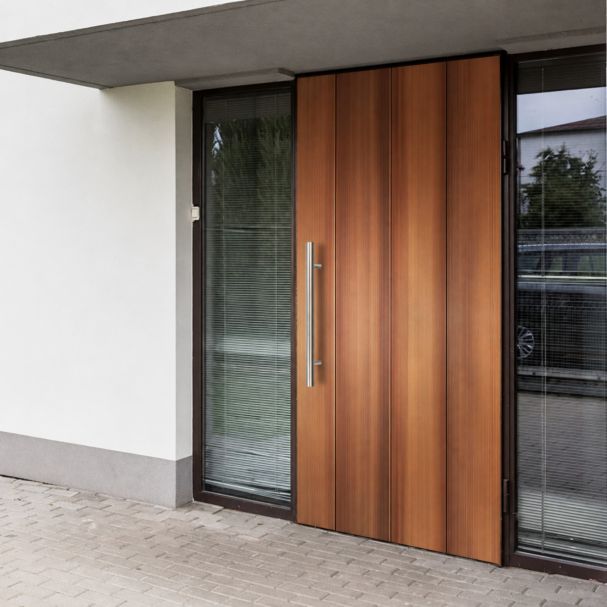 A satin round door handle installed in a brown door
