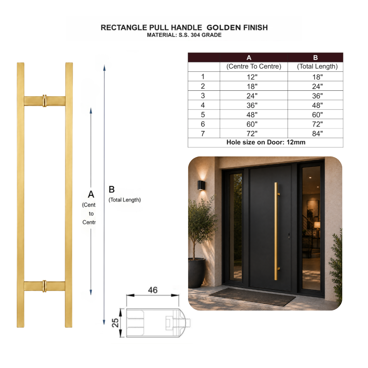 Technical specification and size chart for a gold stainless steel for rectangle door pull handle 
