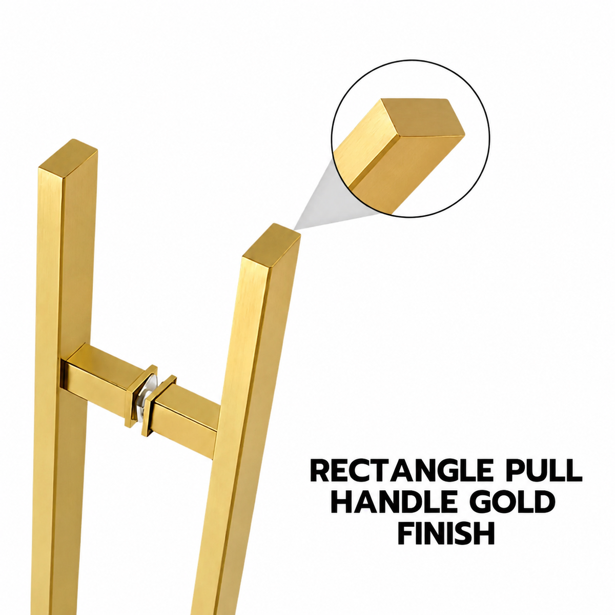 A close-up rectangle door pull handle gold finish
