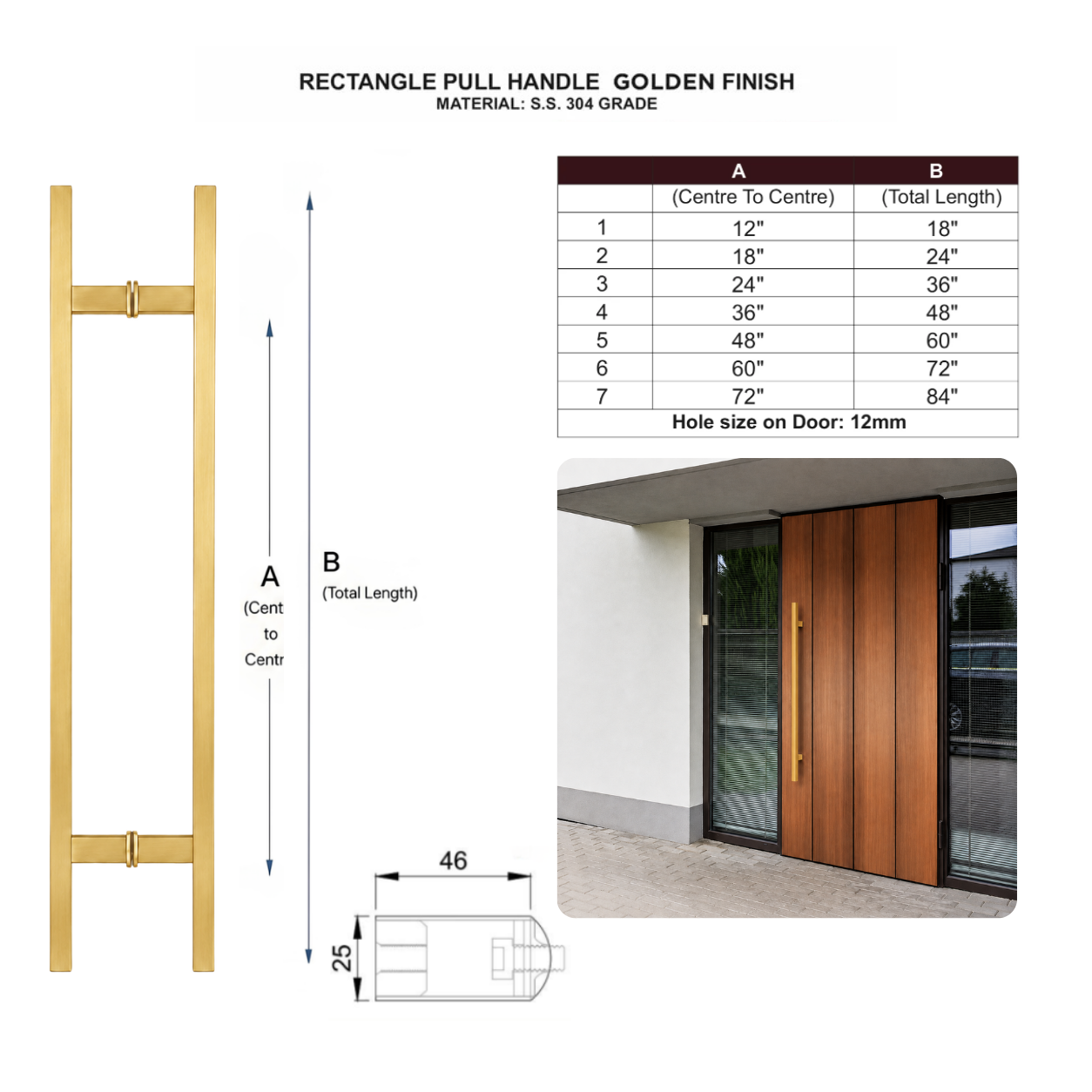 Technical specification and size chart for a gold stainless steel for rectangle door pull handle 
