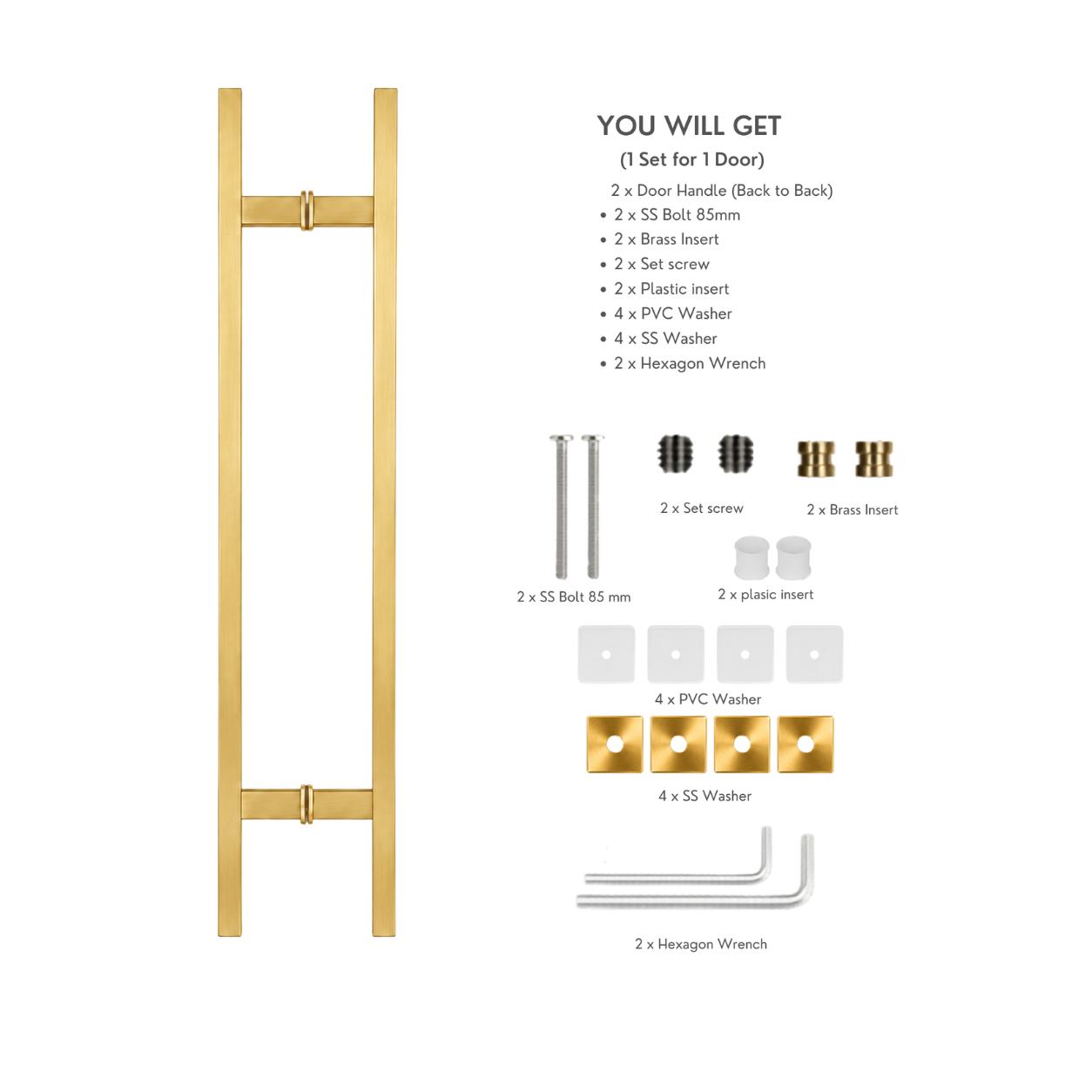24" Back-to-Back Entry Door Pull Handle | Rectangle H Type Ladder Style | 304 Stainless Steel Front Door Push Pull Handle | for Residential & Commercial use - PVD Gold