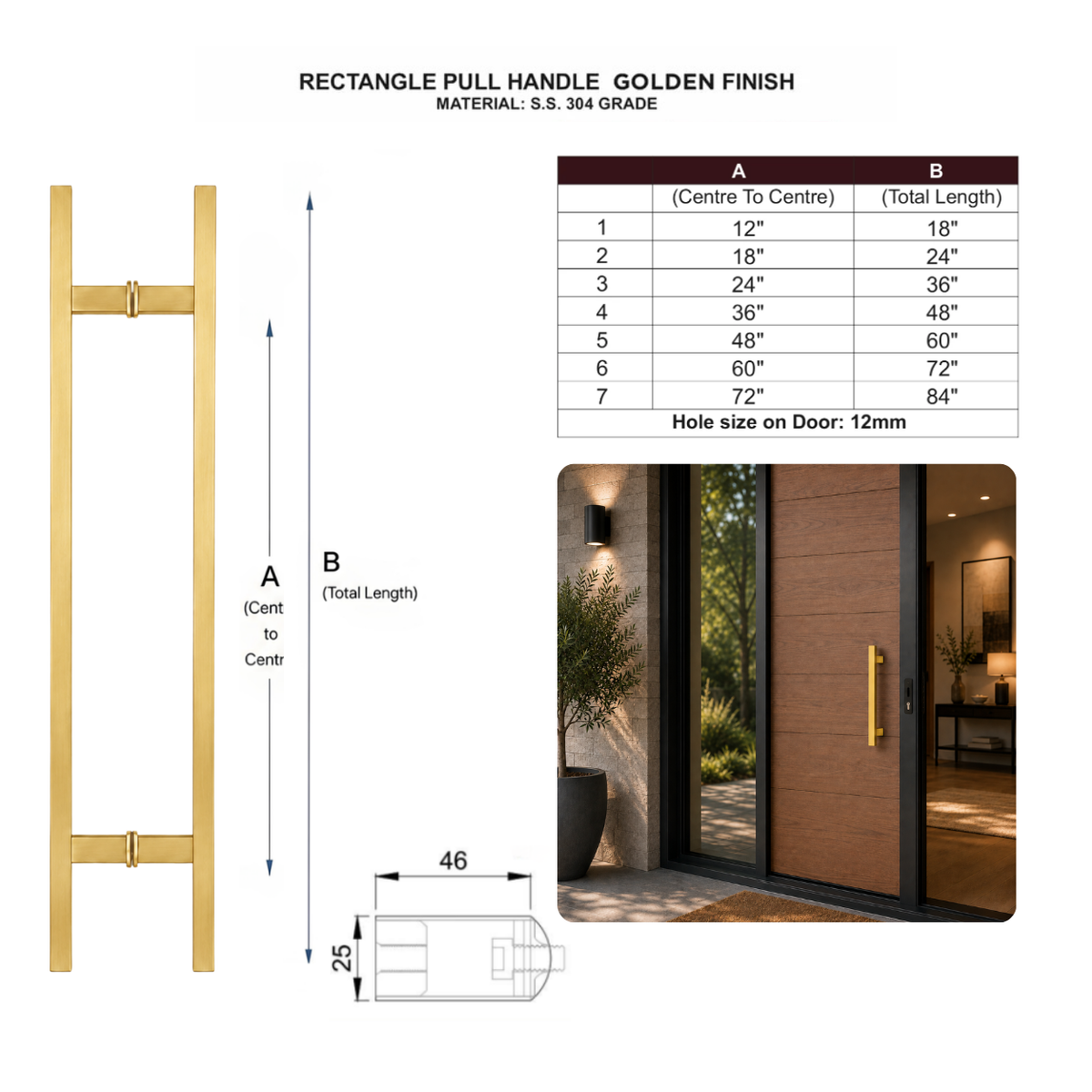Technical specification and size chart for a gold stainless steel for rectangle door pull handle 
