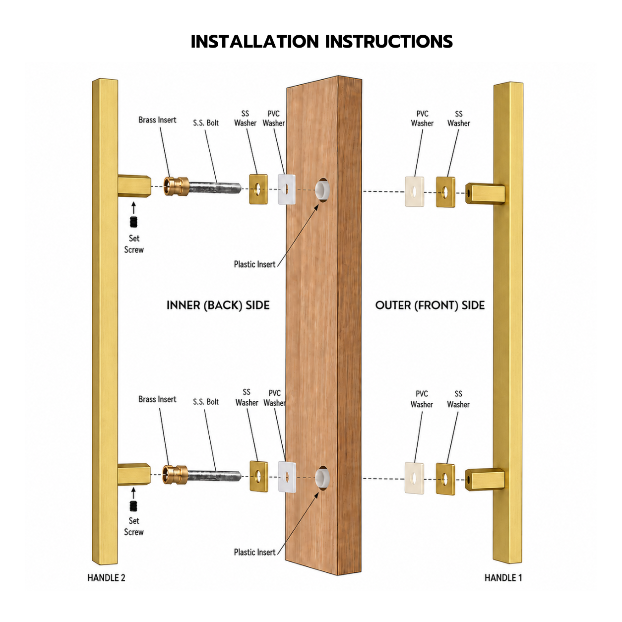 24" Back-to-Back Entry Door Pull Handle | Rectangle H Type Ladder Style | 304 Stainless Steel Front Door Push Pull Handle | for Residential & Commercial use - PVD Gold