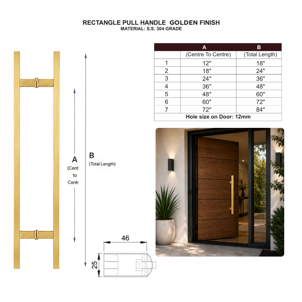 36" Back-to-Back Entry Door Pull Handle | Rectangle H Type Ladder Style | 304 Stainless Steel Front Door Push Pull Handle | for Residential & Commercial use - PVD Gold