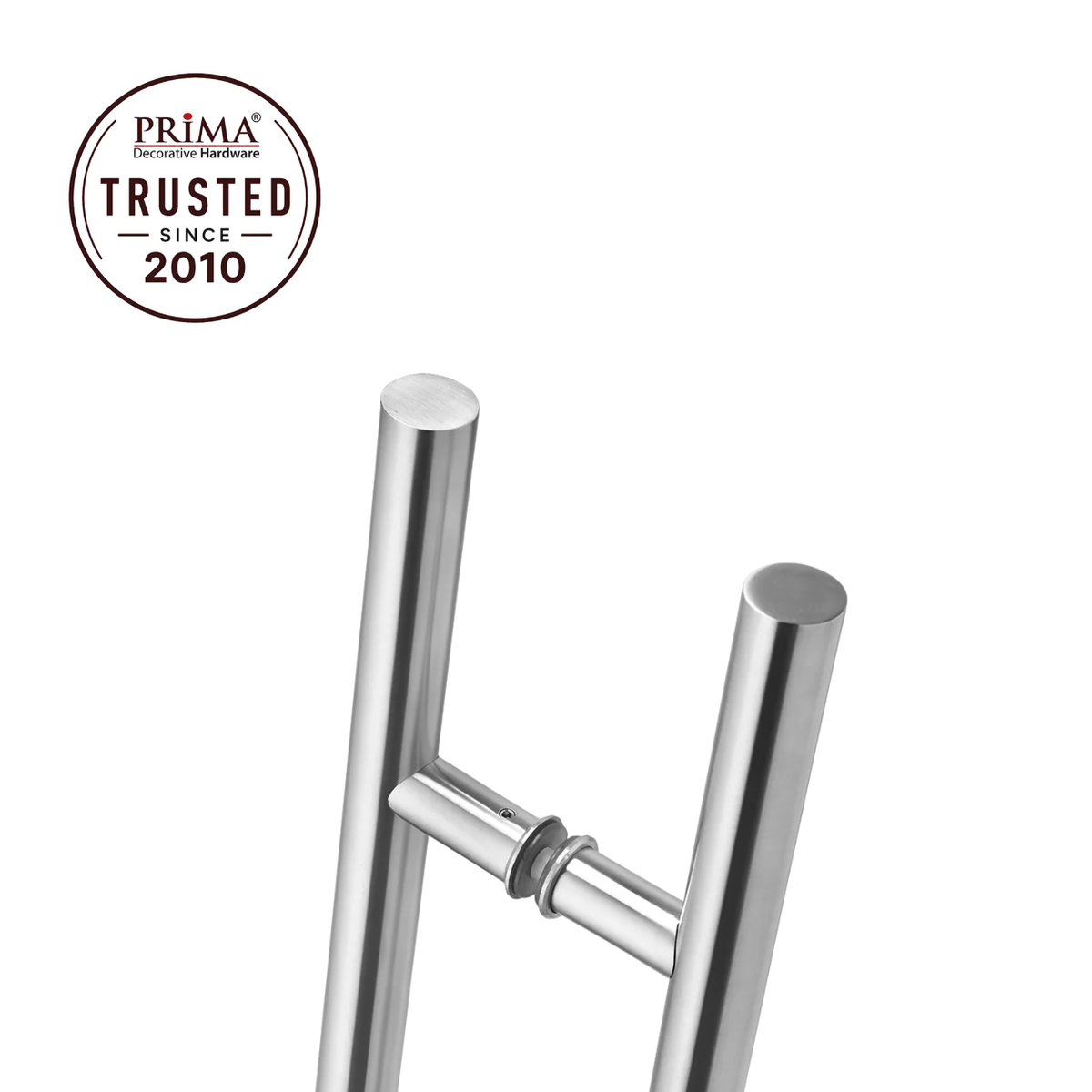 Zoom in of door pull handle with trust badge
