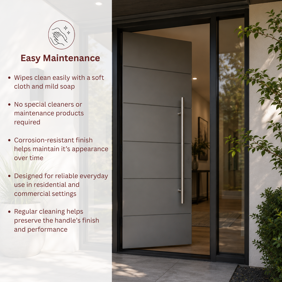 A modern gray exterior door with a slim vertical handle, shown in a real entryway setting with a glass side panel 
