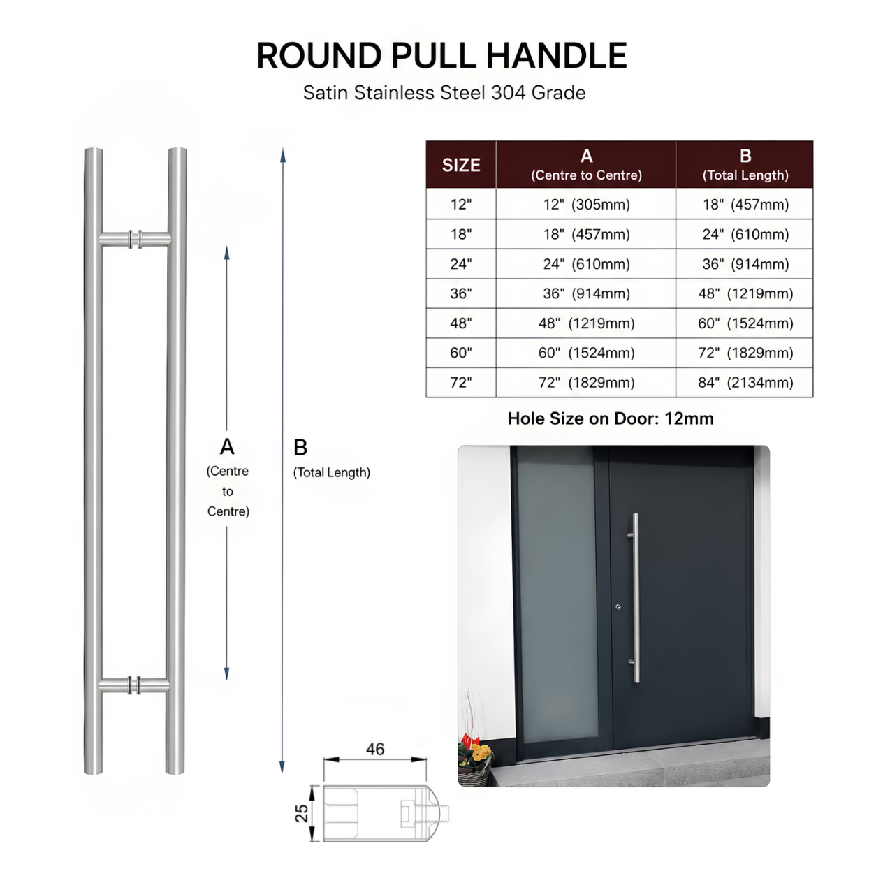 Technical specification and size chart for a satin stainless steel round pull handle 