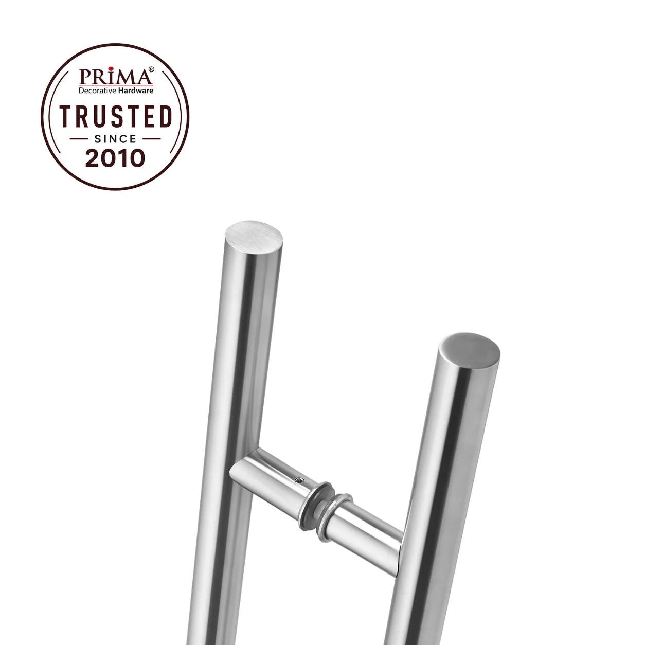Zoom in of door pull handle with trust badge

