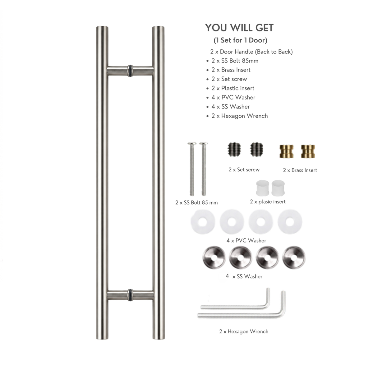 Round door pull handle with a product contents list and labels for included hardware pieces