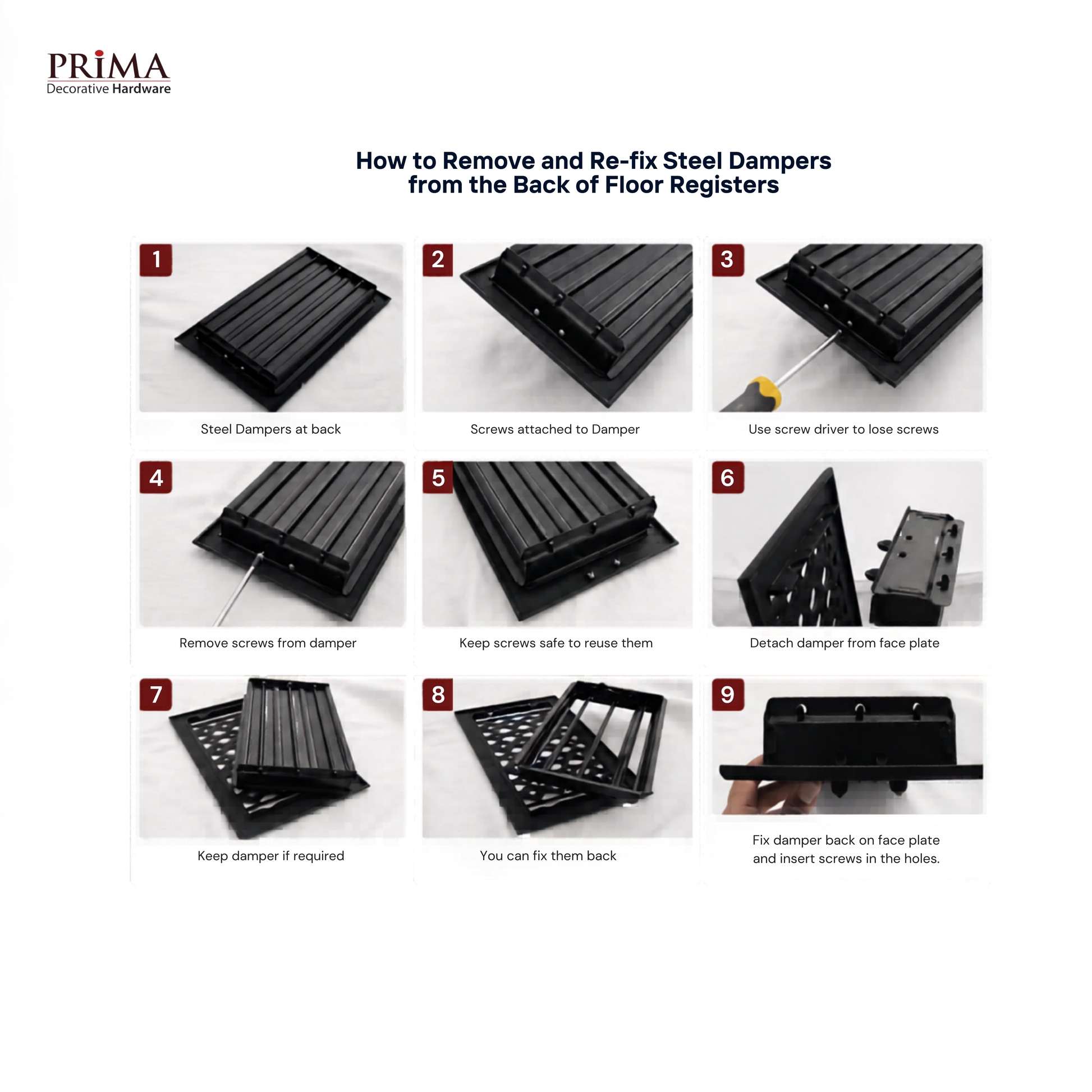 Step-by-step guide on how to remove and re-fix steel dampers from floor registers with Prima Hardware branding.