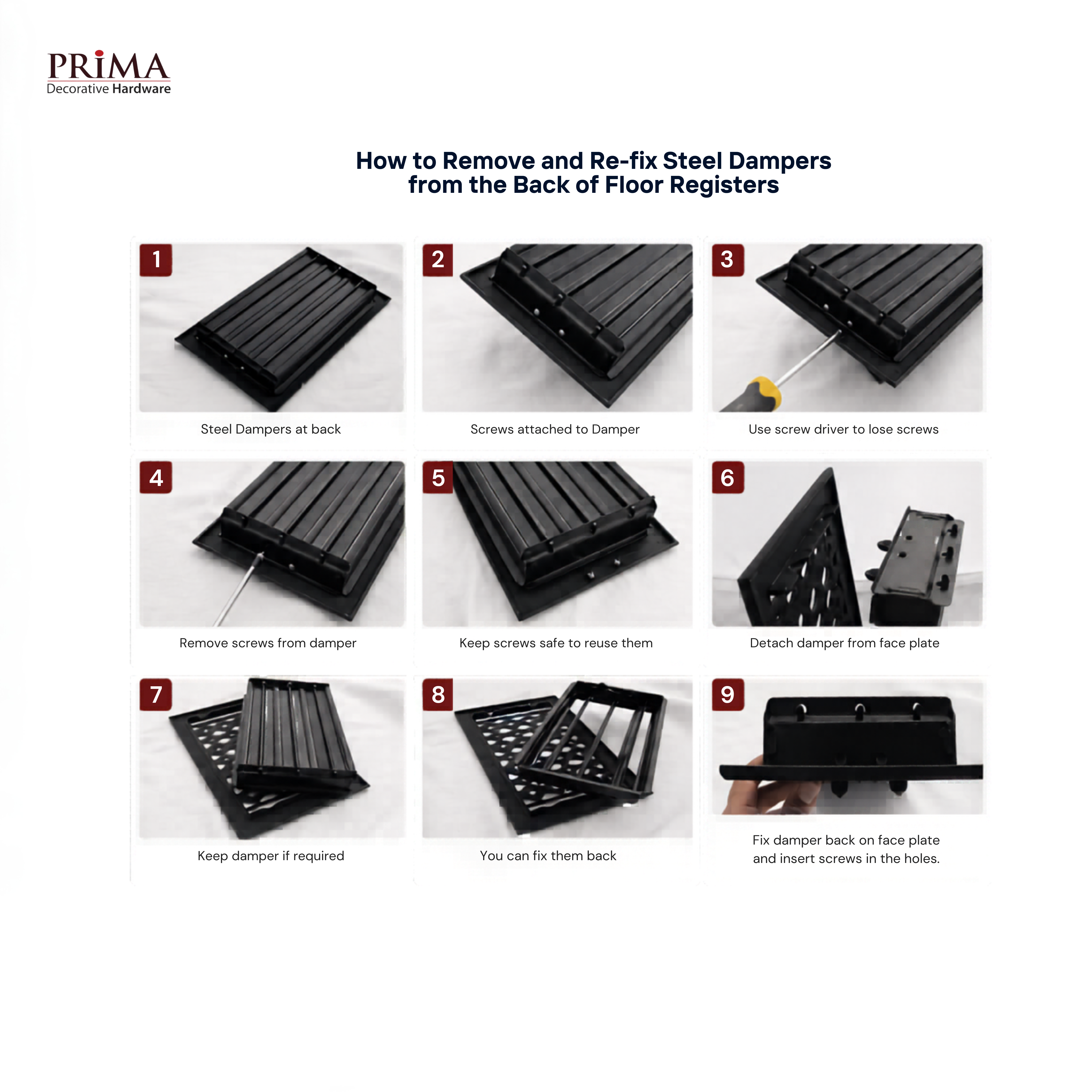 Step-by-step guide on how to remove and re-fix steel dampers from floor registers with Prima Hardware branding.