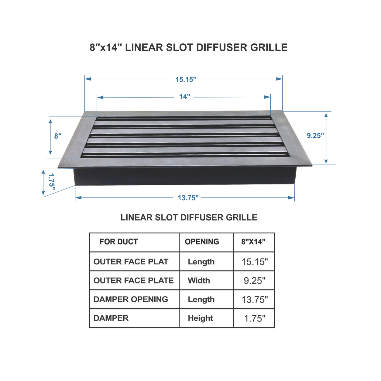 8" × 14" Aluminum Linear Slot Diffuser | Modern HVAC Vent Cover for Floors, Walls and Ceilings
