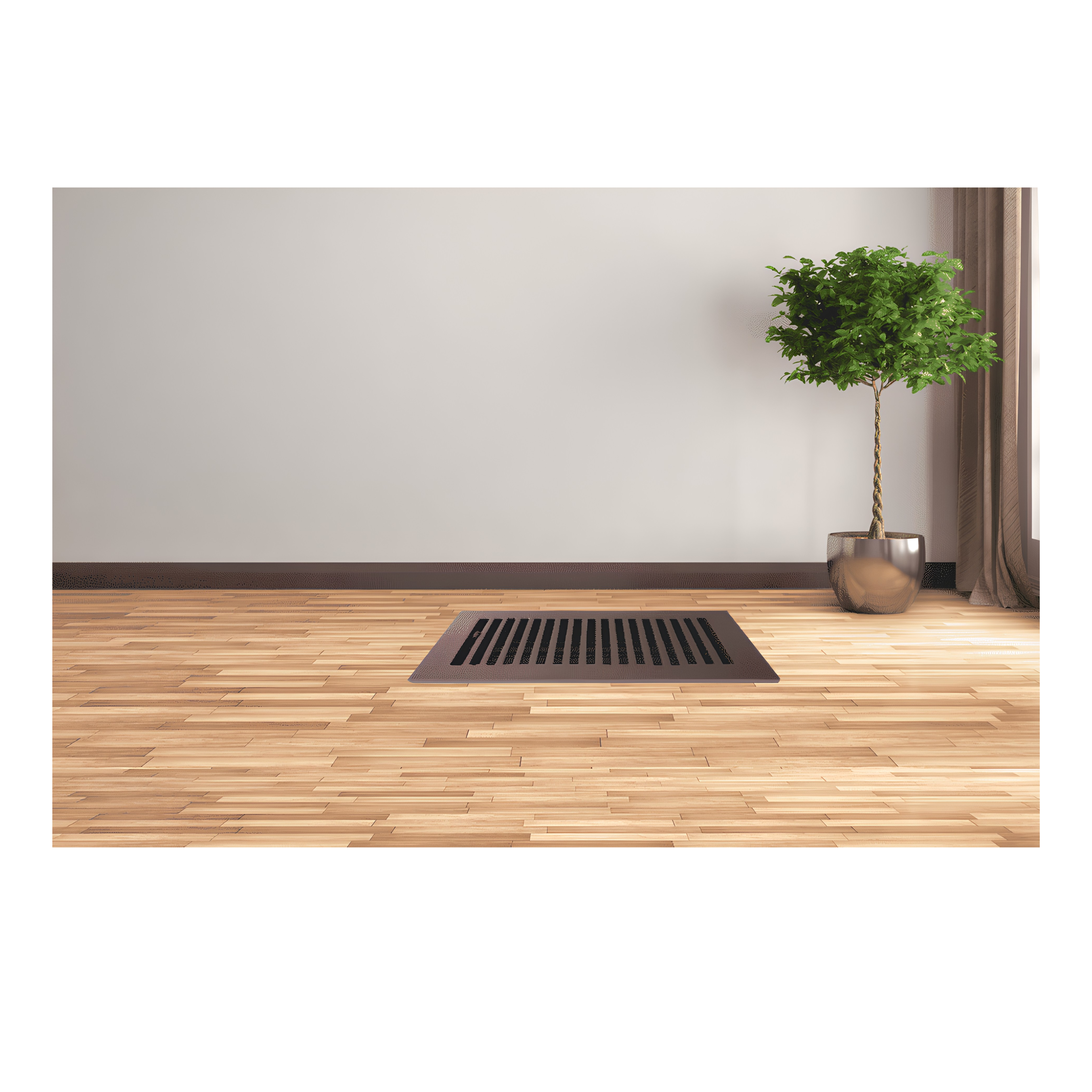 Wooden floor with a decorative metal grate and a potted plant in a minimalistic setting.