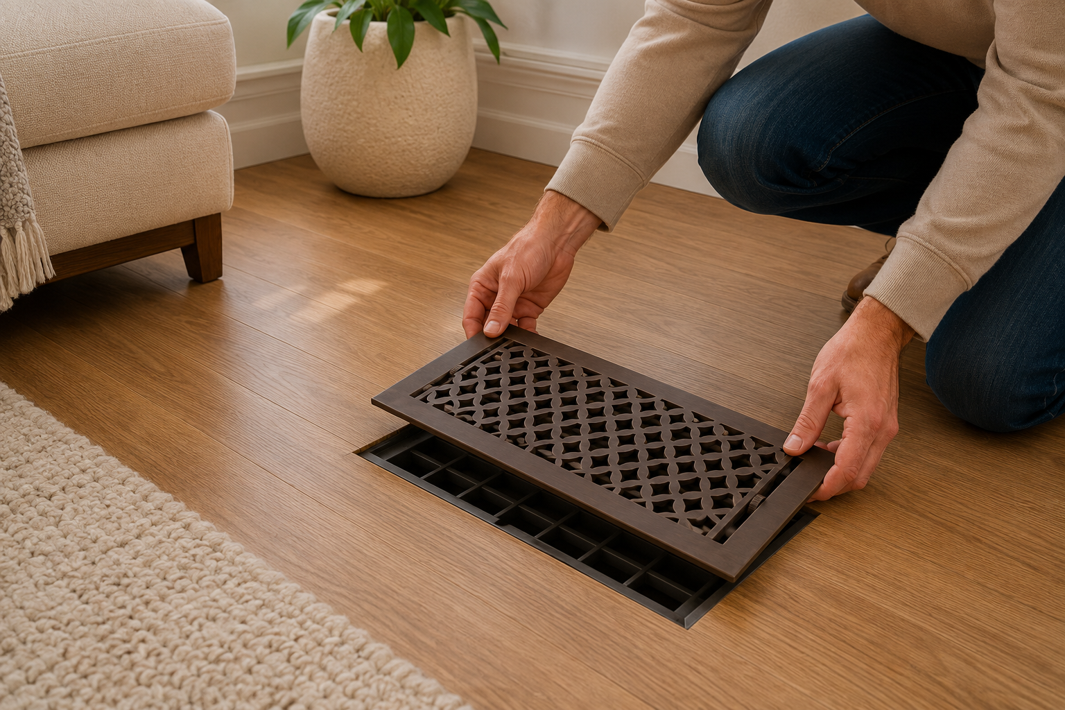 Person replacing an air vent cover on a wooden floor in a room with a couch and plant.