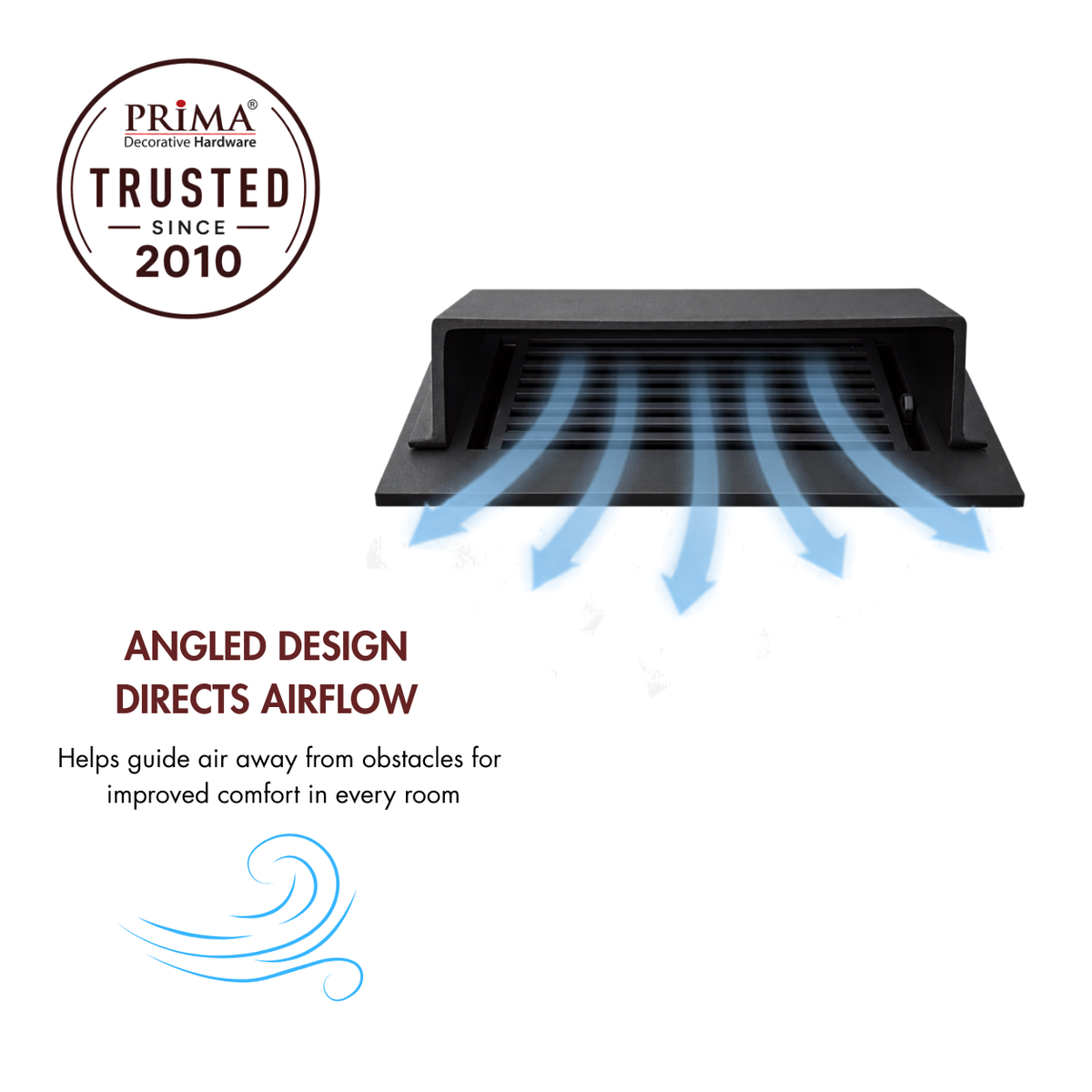 A matte black deflector with angled design and blue airflow arrows alongside with trust badge