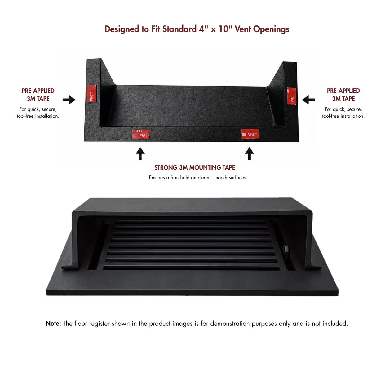 A matte black deflector pre-applied 3M mounting tape and mounting strips shown on a vent opening, with explanatory text. 
