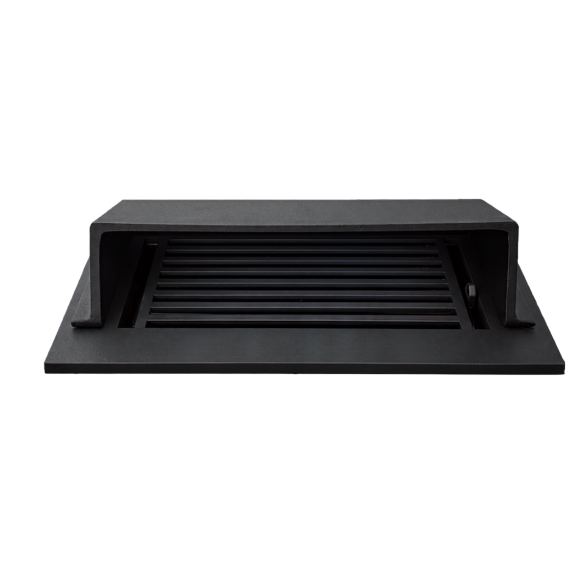A matte black deflector sand cast type installed in a floor register in a white background
