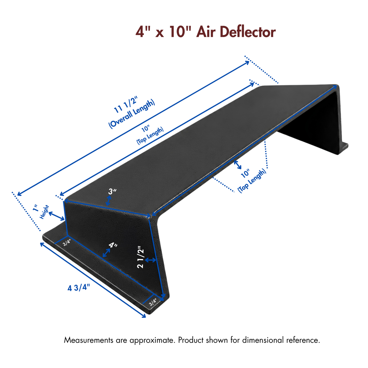 A matte black deflector shown on a white background with blue dimension lines and text indicating measurements