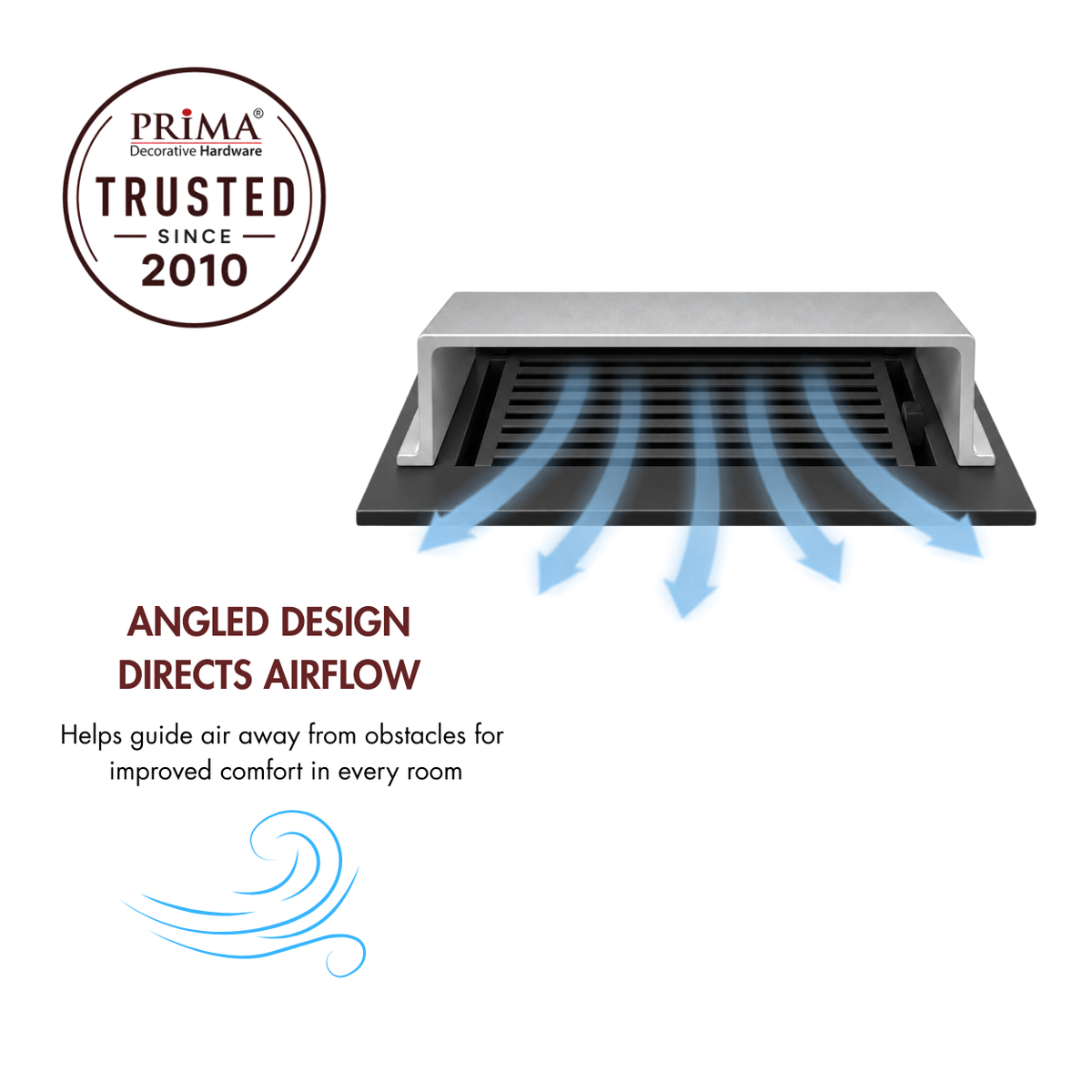 A silver deflector with angled design and blue airflow arrows alongside with trust badge
