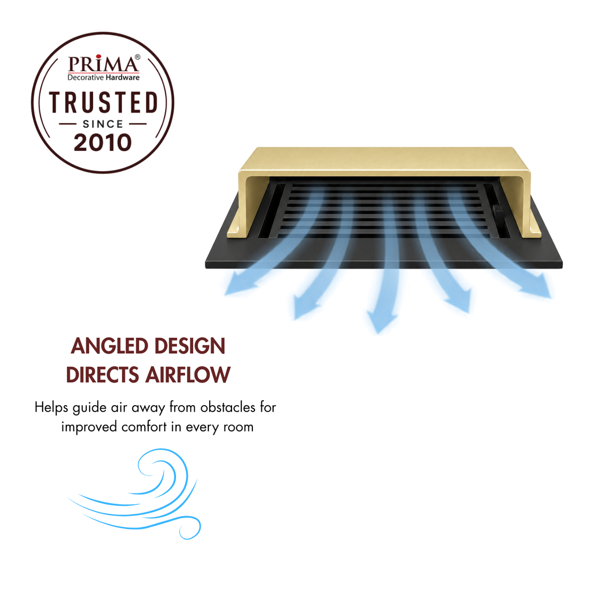 A gold deflector with angled design and blue airflow arrows alongside with trust badge
