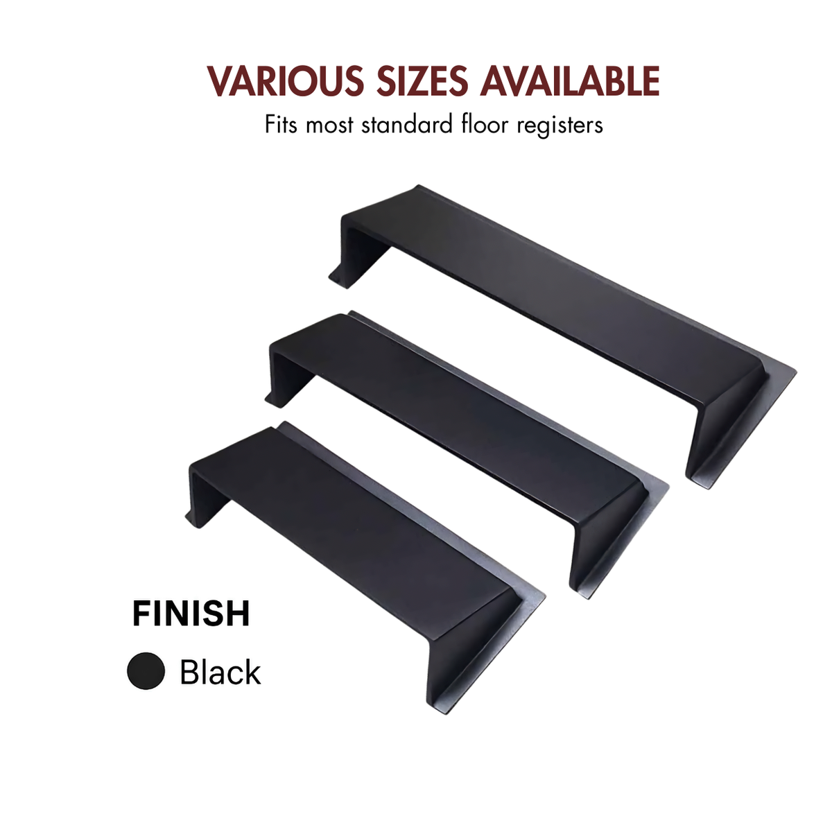 Three black metal drawer deflectors shown on a white background with available finish 