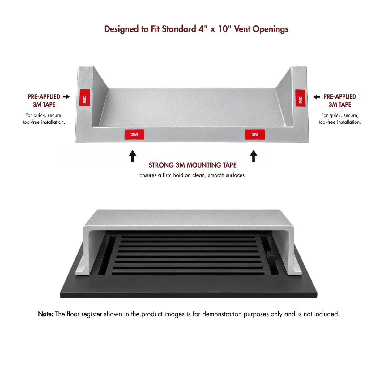 A silver deflector pre-applied 3M mounting tape and mounting strips shown on a vent opening, with explanatory text. 
