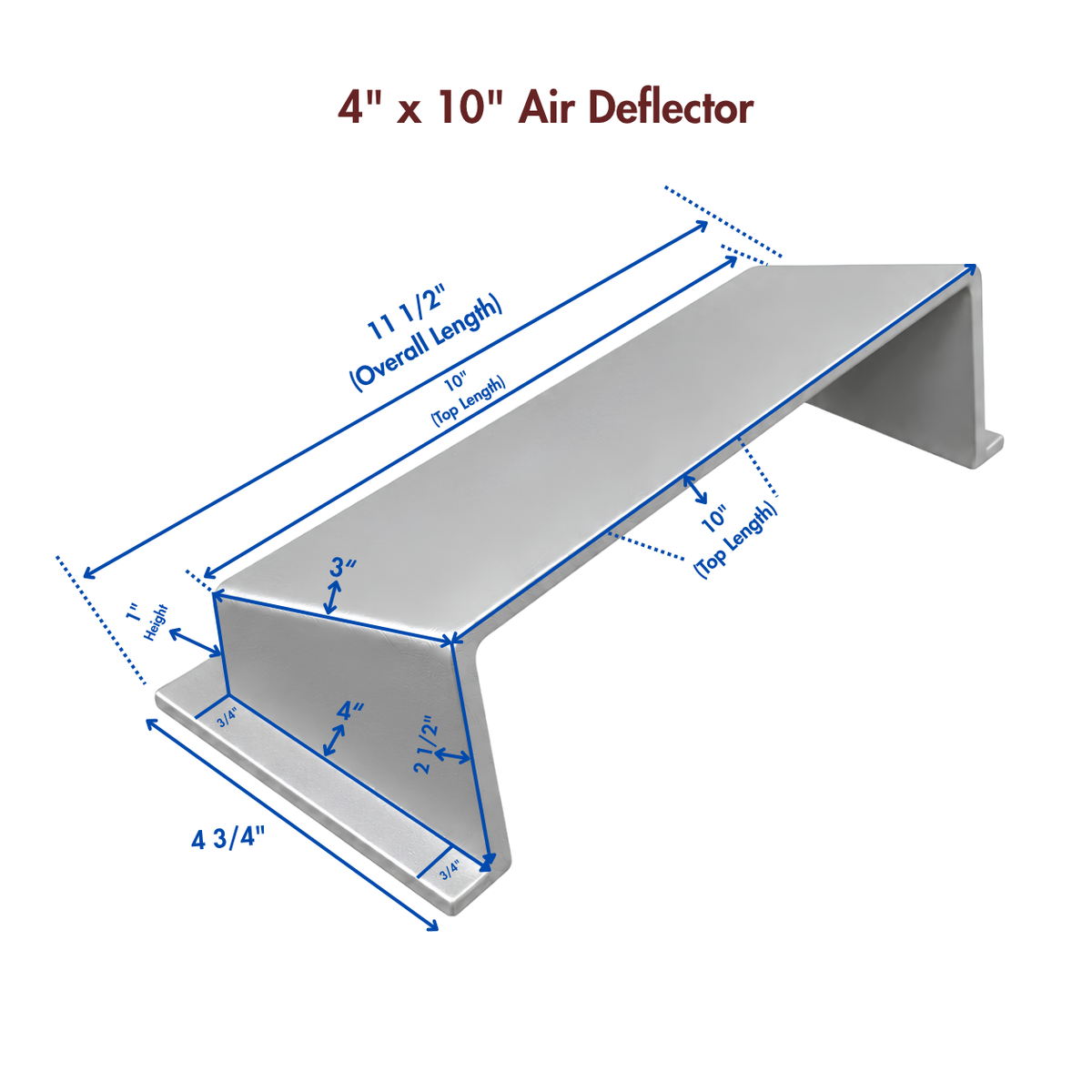 A silver deflector shown on a white background with blue dimension lines and text indicating measurements
