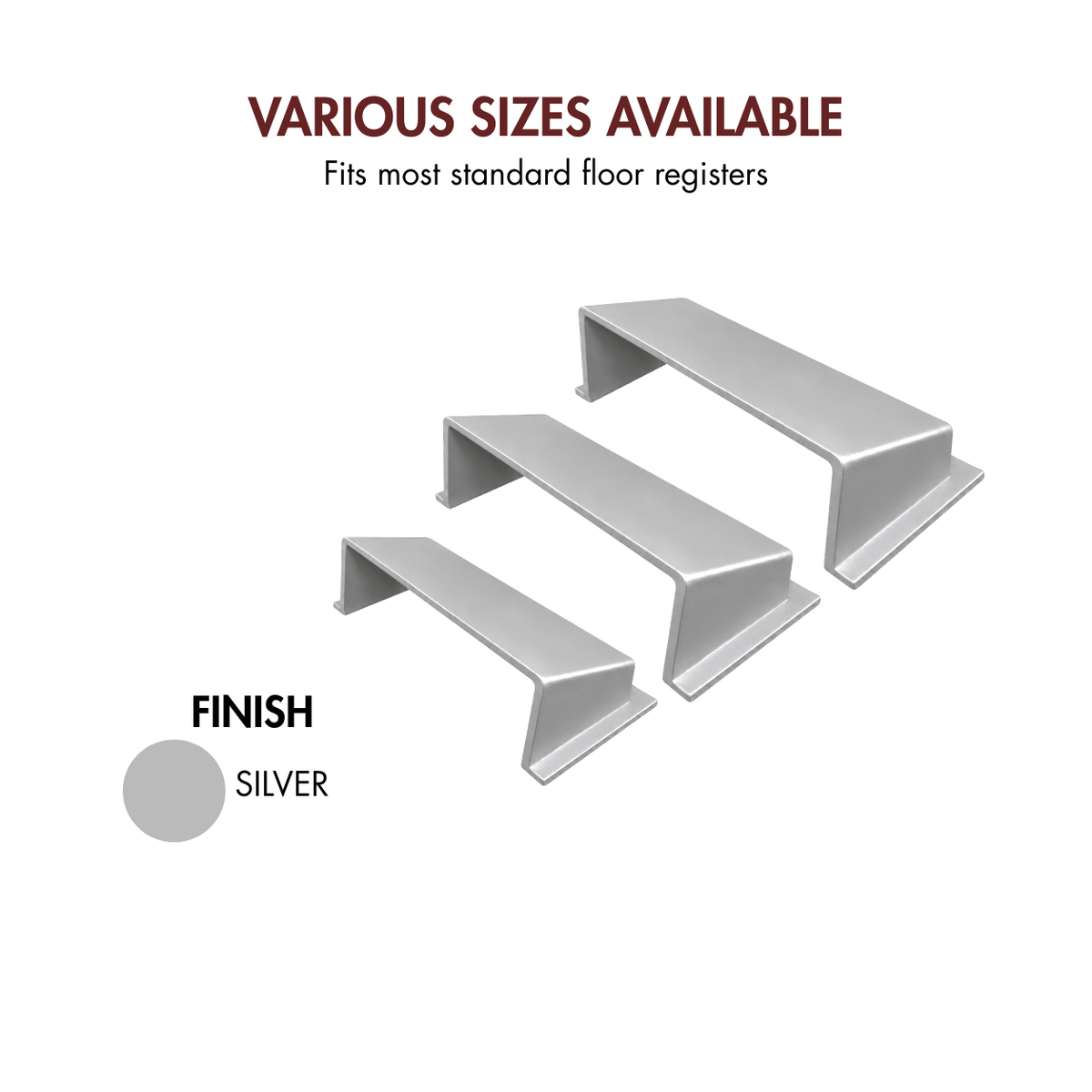 Three silver metal drawer deflectors shown on a white background with available finish 
