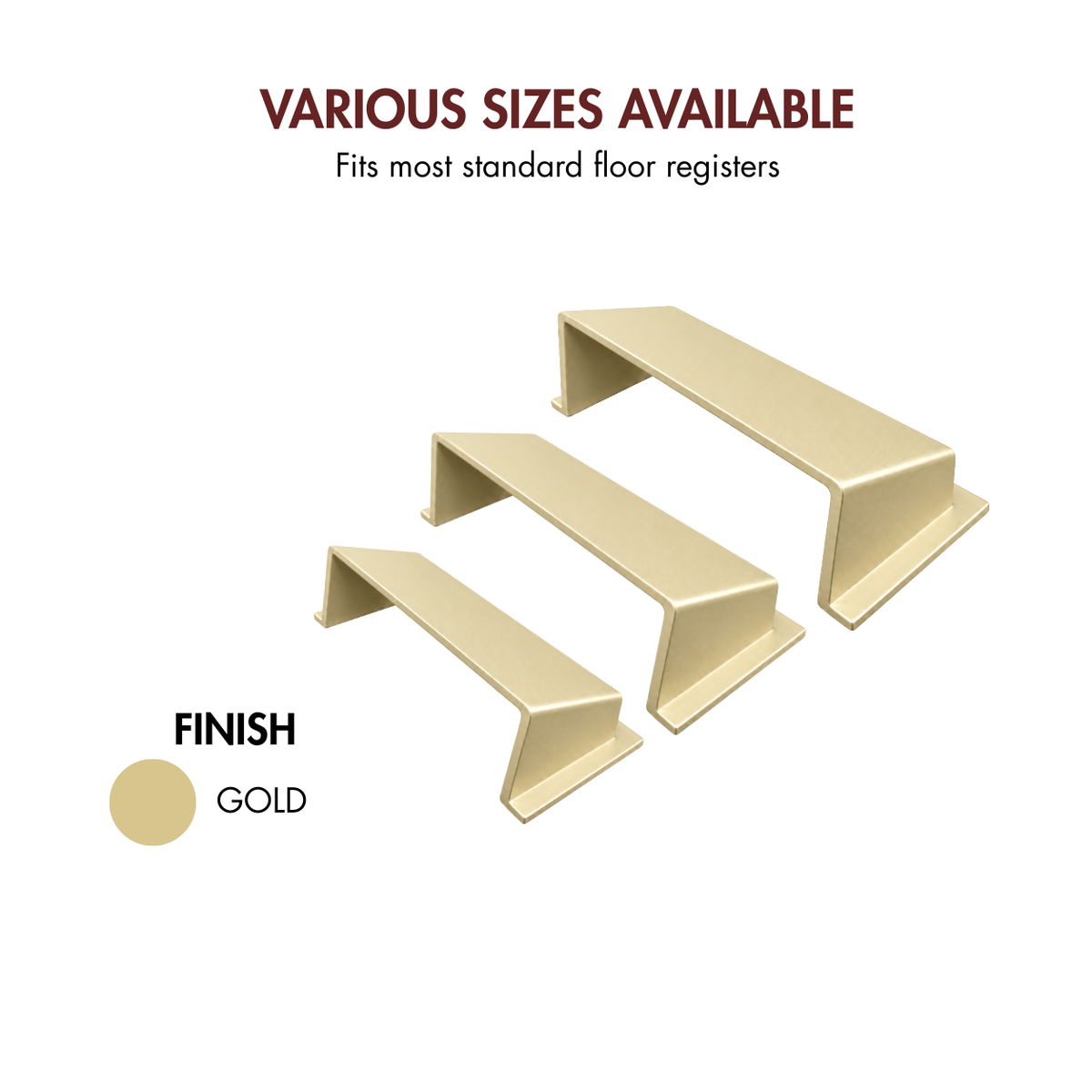 Three gold metal drawer deflectors shown on a white background with available finish 
