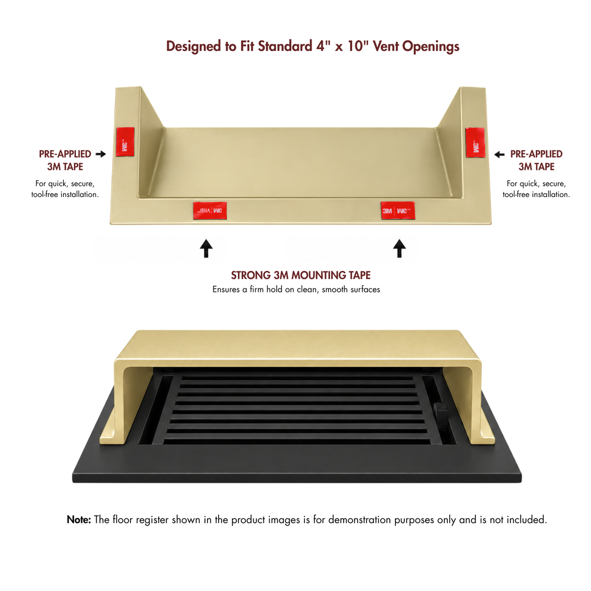 A gold deflector pre-applied 3M mounting tape and mounting strips shown on a vent opening, with explanatory text. 
