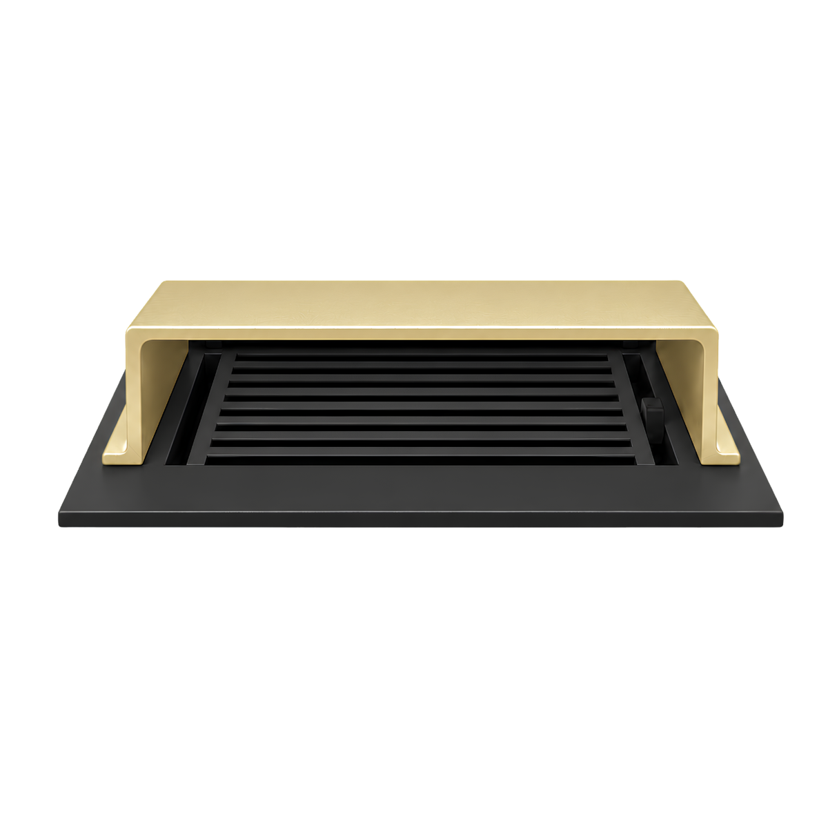A gold deflector sand cast type installed in a floor register in a white background
