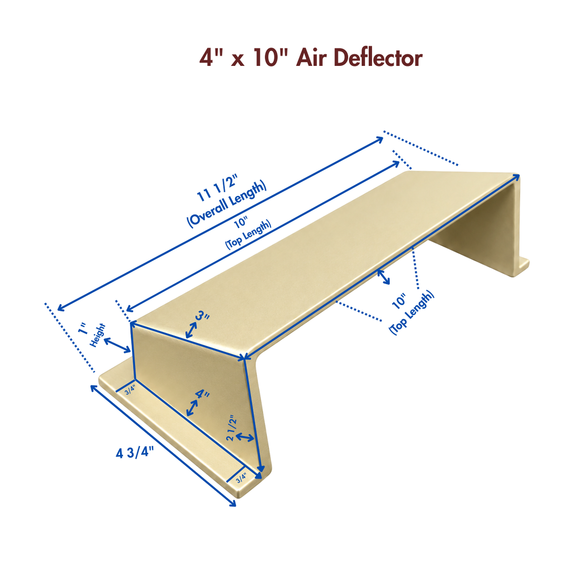 A gold deflector shown on a white background with blue dimension lines and text indicating measurements
