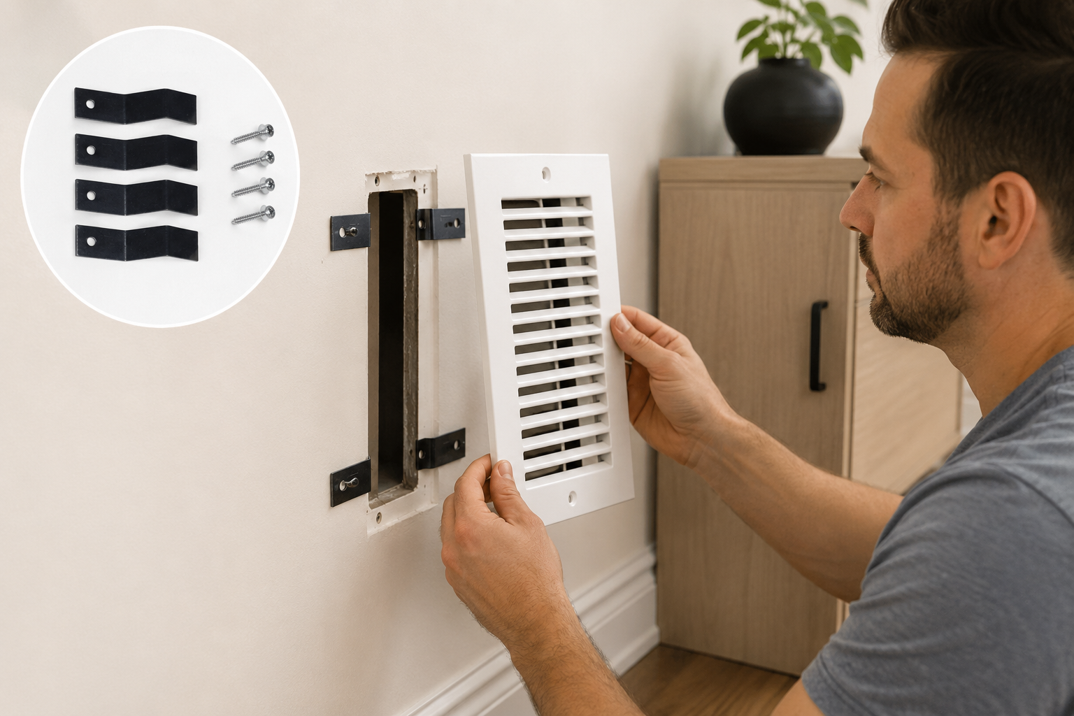 Man installing an air vent on a wall with a close-up of the vent hardware.