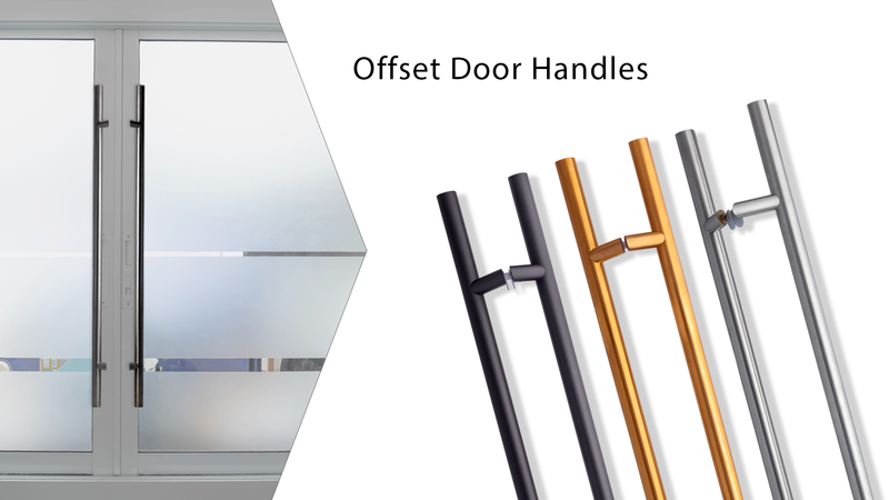 A set of modern offset door handles in black, bronze, gold, and silver is shown on the right, with a black handle installed on a glass door on the left. Text reads Offset Door Handles.