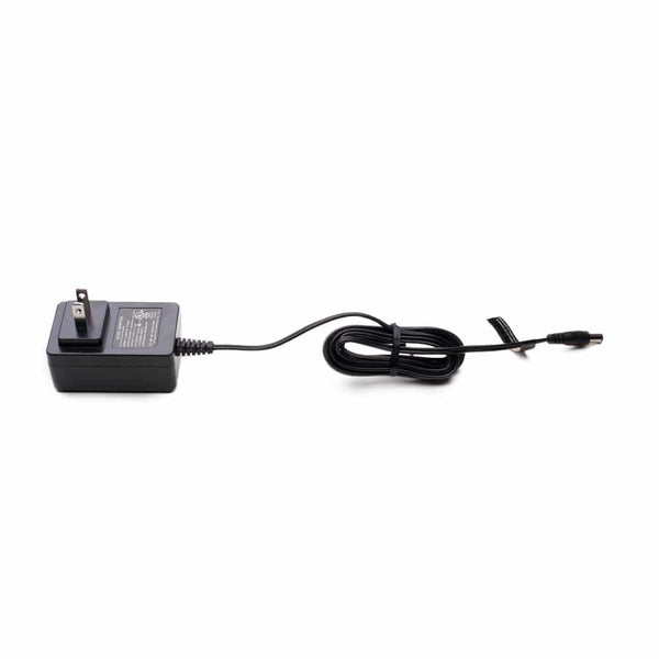 A black AC power adapter with a two-prong plug on one end and a coiled cable leading to a barrel connector on the other end, displayed against a white background.