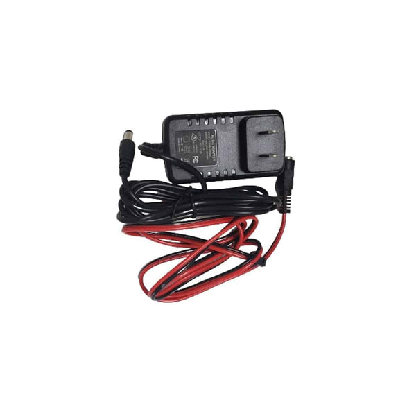 A black power adapter with a two-prong plug and a long black and red cable, coiled loosely, with a round connector at the end.