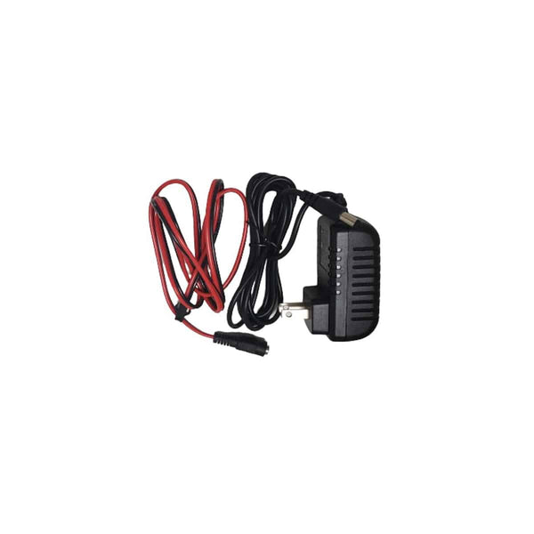 A black wall charger with an attached power cord and a separate red and black cable, featuring a cylindrical connector, displayed on a white background.