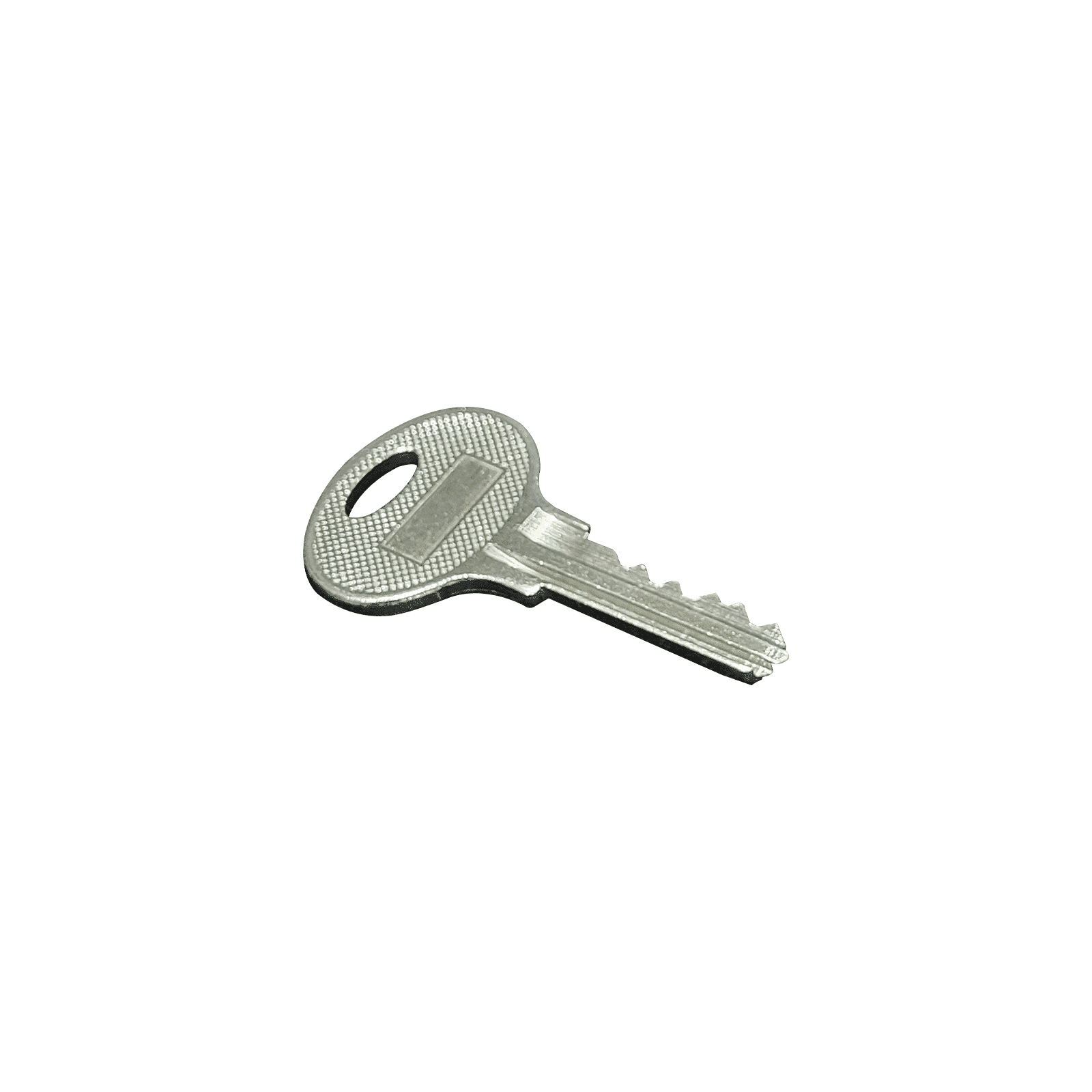 A Prima Decorative Hardware silver metal key with a textured head and single cut edge, isolated on white background, perfect as a blank or for making duplicate keys.