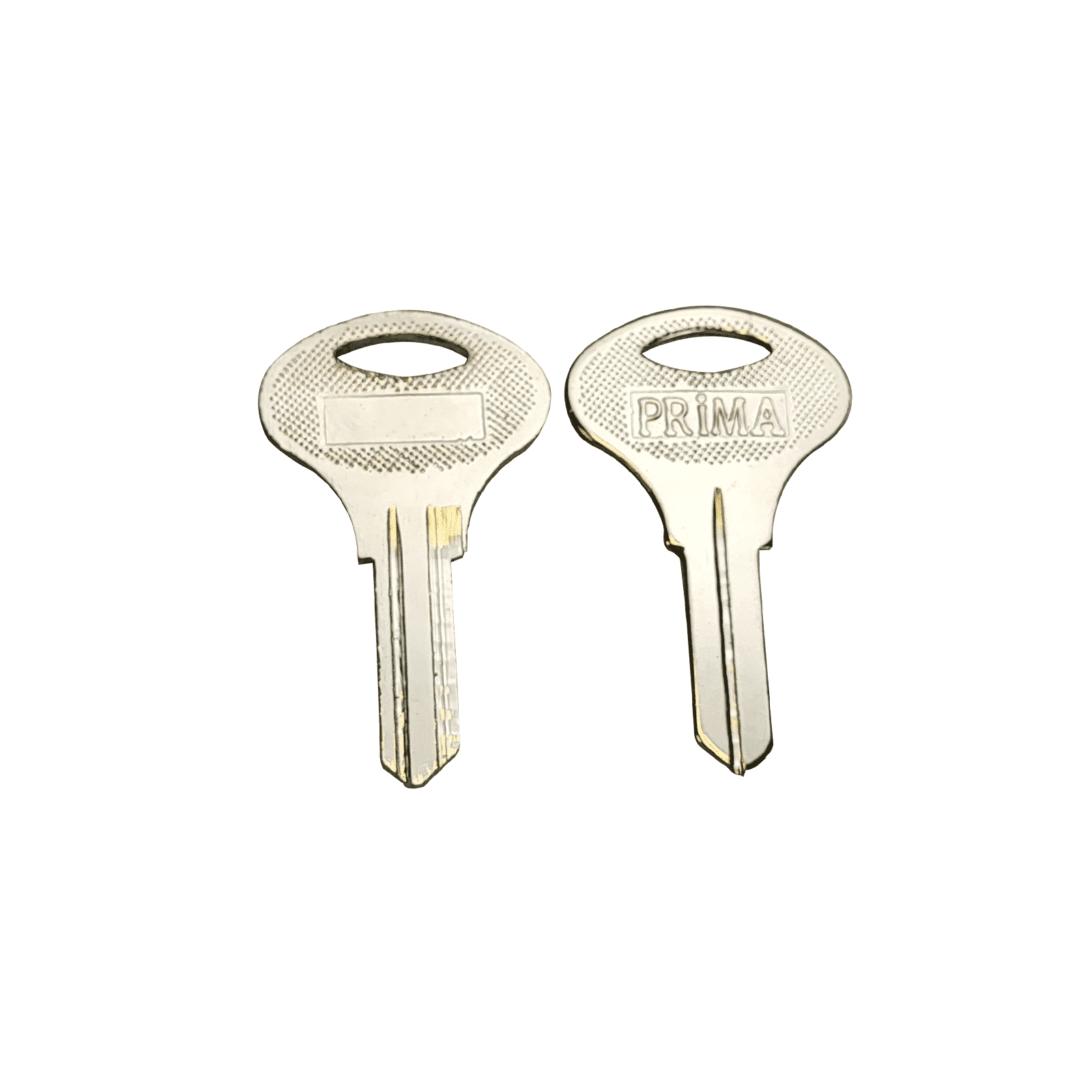 Two silver metal keys from Prima Decorative Hardware are displayed side by side on a white background. One key is engraved with "PRIMA" for Multipoint door locks, and the other is a similar blank key.