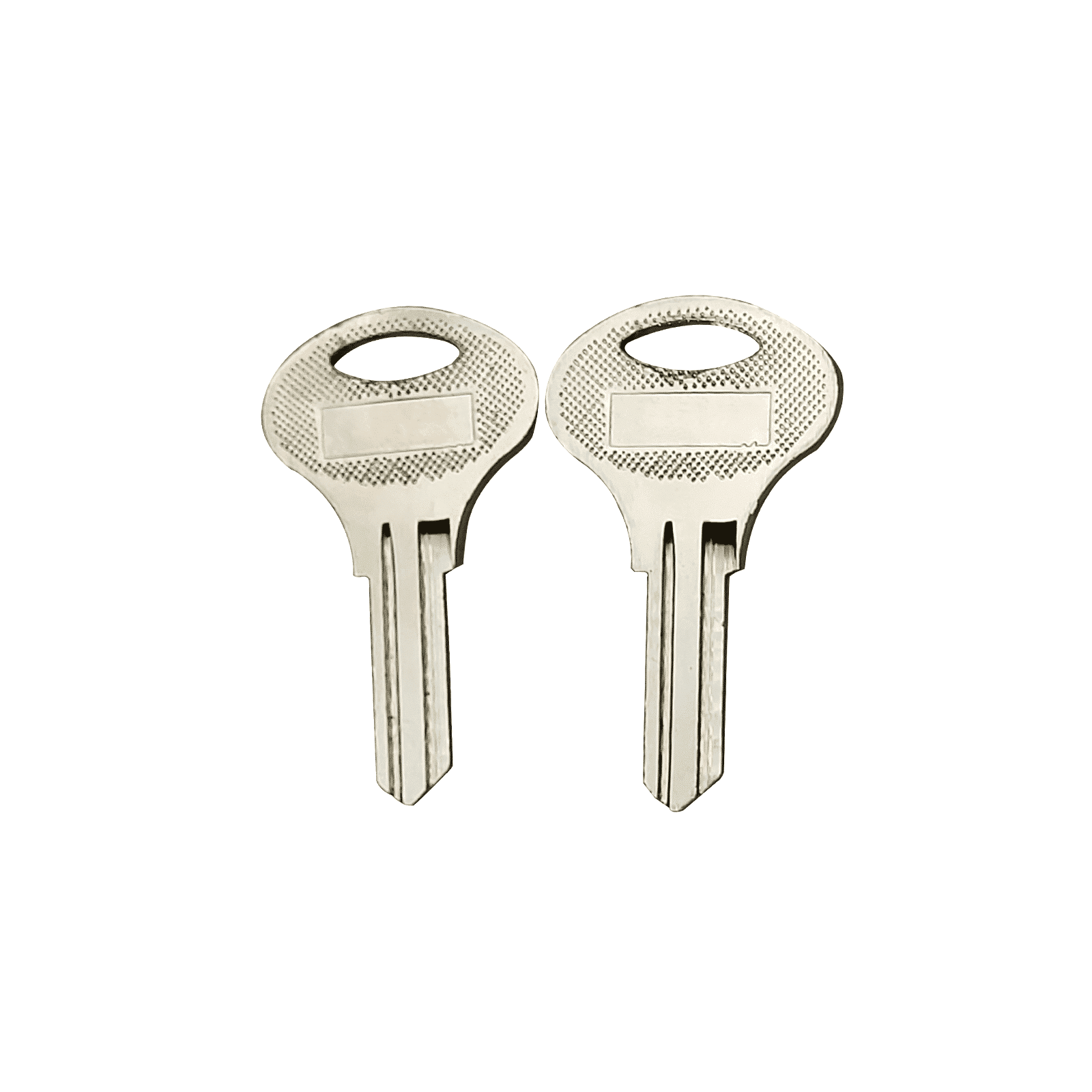 Two identical blank keys from Prima Decorative Hardware are placed side by side on a white background, perfect for making duplicate keys for Prima Multipoint door locks.